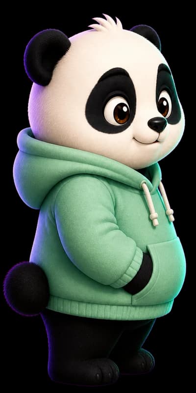 Bao the panda, strolling with his paws in his hoodie pocket